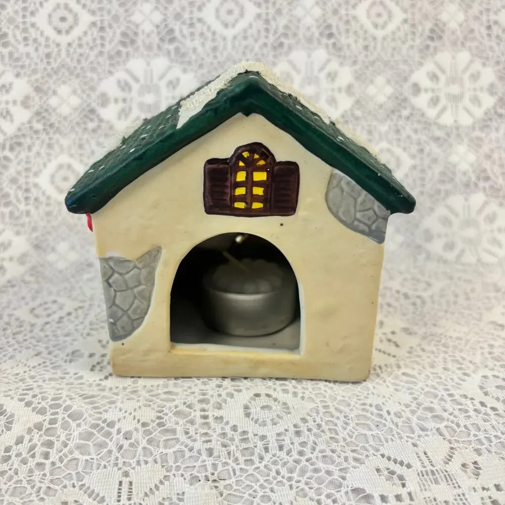 Vintage Christmas Santa House Tealight Candle Holder Ceramic Holiday Luminary